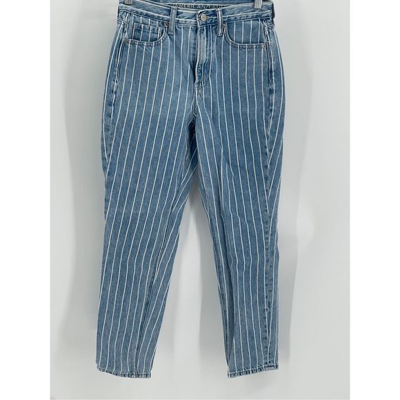 American Eagle Mom Jean Pin Striped Women’s Size 00 Short Blue‎ White High Rise - Picture 1 of 14